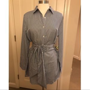 Blue and White Striped Wrap Shirt Dress